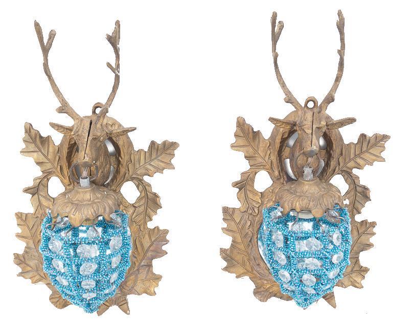 Pair of French Empire-Style Wall Sconces, Stag Motif: Pair of French Empire-style wall sconces, stag motif, metal frame with blue acrylic accents 13" tall x 6" wide x 4.5" deep/ Each