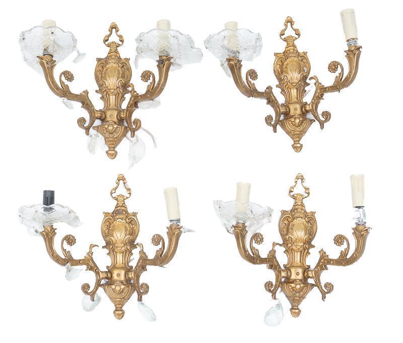 Set of 4 French Empire Glass and Metal Wall Sconces: French Empire glass and metal wall sconces, rain drop bobeches 12.5" tall x 15" wide x 7" deep/ Each Condition: Breaks and losses to glass