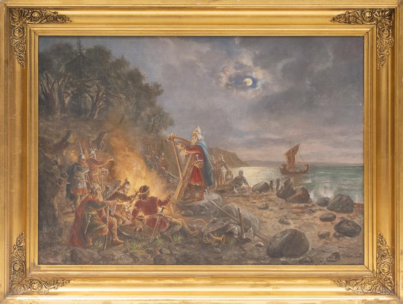 Viking Harvest Scene, Oil on Canvas: Unknown Artist, Viking Harvest Scene, Oil on Canvas, artist signature is illegible, framed 32" tall x 42" wide State-wide delivery is available for this item. Please email shipping@vogtauction.co