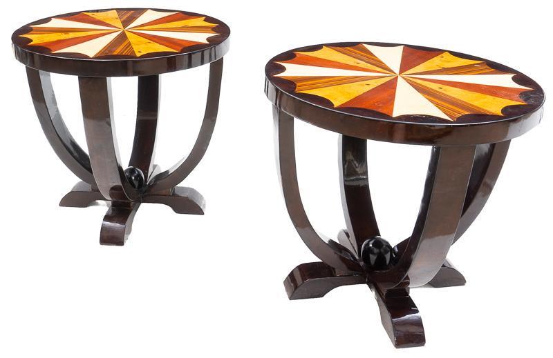 Pair of Art Moderne Occasional Tables: Pair of Art Moderne occasional tables, bell base, inlay accents 22.5" tall x 23.5" diameter/ Each State-wide delivery is available for this item. Please email shipping@vogtauction.com or call 210