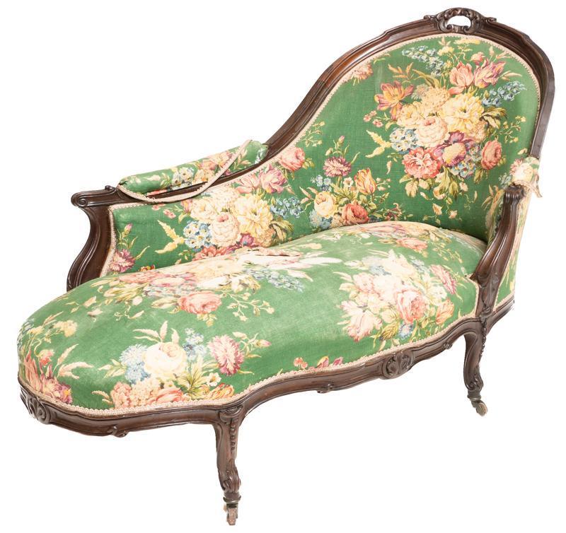 Napoleon III Period Chaise Lounge: Napoleon III period chaise lounge, green floral upholstery, wooden frame, on castors, carved, circa 1870 39" tall x 54" wide x 27" deep Condition: Major damage to upholstery and trim State-wide delive