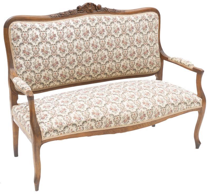 Louis XV-Style Settee: Louis XV-style settee, carved, wooden frame, floral upholstery 38.5" tall x 48" wide x 20" deep State-wide delivery is available for this item. Please email shipping@vogtauction.com or call 210-822-61