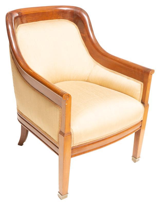 French Bergere Chair: French bergere chair, tan fabric upholstery, wooden frame 36" tall x 27" wide x 20" deep State-wide delivery is available for this item. Please email shipping@vogtauction.com or call 210-822-6155 for 