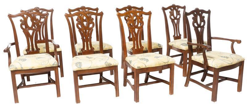 Set of 8 Hepplewhite-Style Dining Chairs: Set of 8 Hepplewhite-style dining chairs, upholstered seats, straight legs, carved, 2-arm chairs 40" tall x 21.5" wide x 19" deep State-wide delivery is available for this item. Please email shipping@