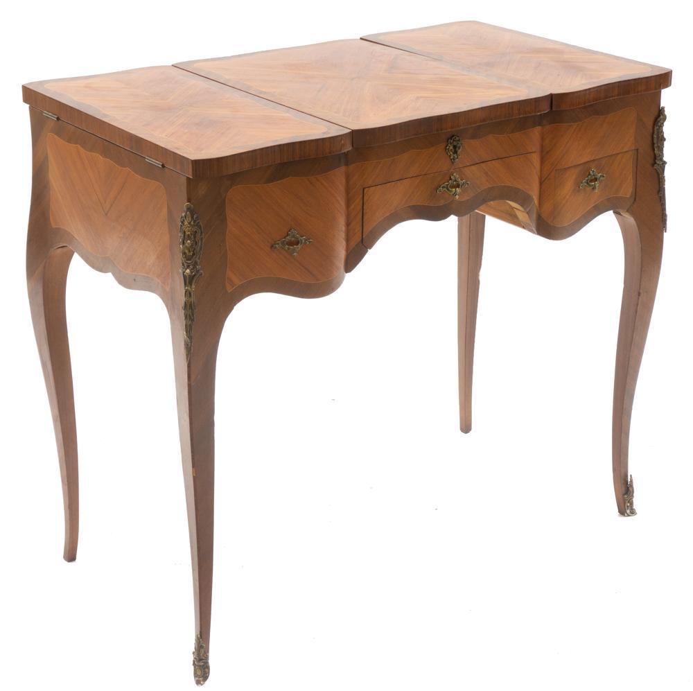 French Louis XV-Style Dressing Table: French Louis XV-style dressing table, flip top mirror, flanked by storage compartments 30" tall x 33" wide x 19" deep State-wide delivery is available for this item. Please email shipping@vogtauction.