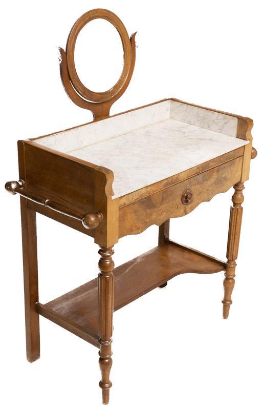 English Marble Top Wash Table: English marble top wash table, white marble, circular mirror, 2-wooden towel handles, single-drawer, 19th century 44.5" tall x 32" wide x 14.5" deep State-wide delivery is available for this item. Ple