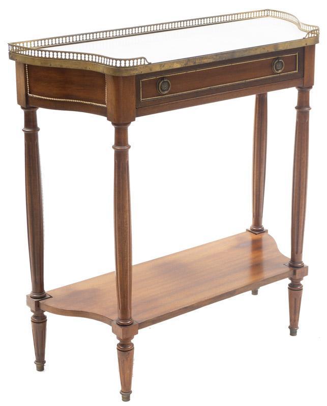 Louis XVI-Style Console: Louis XVI-style marble top console, brass accents, white marble, single-drawer, 2-tiered 34" tall x 32" wide x 12.5" deep State-wide delivery is available for this item. Please email shipping@vogtauct