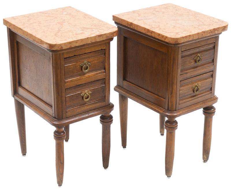 Pair of Marble Top Louis XVI-Style Nightstands: Pair of marble top oak Louis XVI-style nightstands, 2-drawers, red marble 24.5" tall x 12.5" wide x 15" deep State-wide delivery is available for this item. Please email shipping@vogtauction.com or ca