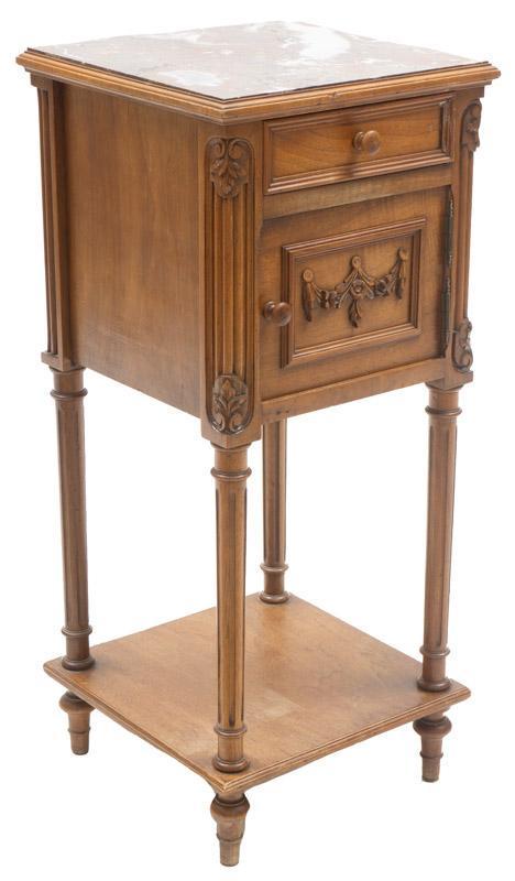 Louis XVI-Style Marble Top Nightstand: Louis XVI-style marble top nightstand, grey marble, single-drawer, single-door, carved 24" tall x 14.5" wide x 14.5" deep State-wide delivery is available for this item. Please email shipping@vogtauct