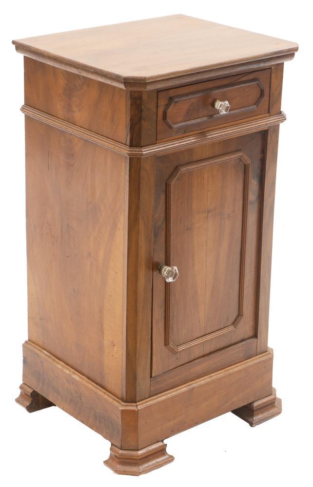 Louis Philippe Period Nightstand: Louis Philippe period nightstand, single-drawer, single-door, metal hardware 30" tall x 16" wide x 13.5" deep State-wide delivery is available for this item. Please email shipping@vogtauction.com or c