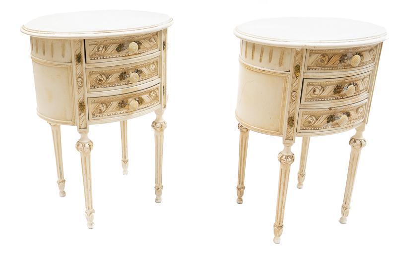 Pair of French Empire-Style Nightstands: Pair of French Empire-style nightstands, turned legs, 3-drawers, carved 28" tall x 20" wide x 15" deep/ Each State-wide delivery is available for this item. Please email shipping@vogtauction.com or ca