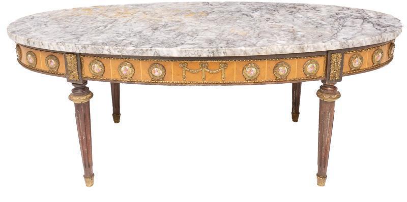 Louis XVI-Style Hand-Painted Marble Top Coffee Table: Louis XVI-style marble top coffee table, gilt accents, hand-painted figural scenes, grey marble, turned legs 16.5" tall x 43" wide x 21" deep State-wide delivery is available for this item. Please ema