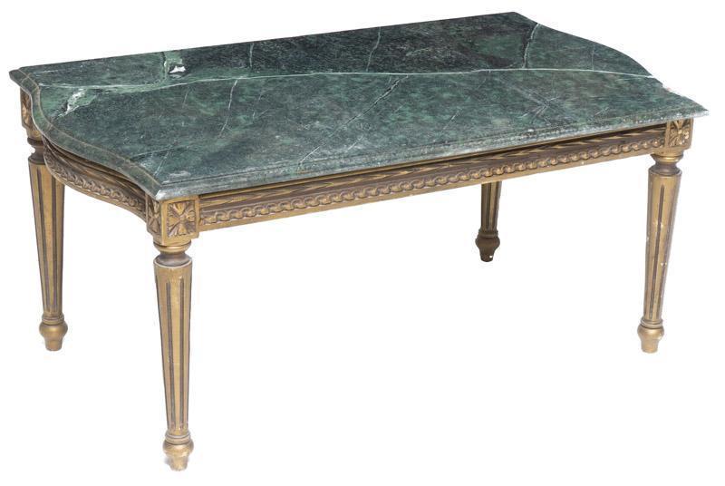 French Marble Top Coffee Table: French marble top coffee table, turned legs, green marble 20" tall x 25" wide x 13" deep State-wide delivery is available for this item. Please email shipping@vogtauction.com or call 210-822-6155 for