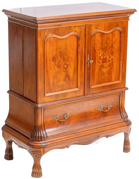 Inlaid Mahogany Bow-Front Console Cabinet: Inlaid mahogany bow-front console cabinet, 2-doors open to interior, single-drawer, includes key 50” tall x 39” wide x 20” deep Condition: Square hole in back wall State-wide deliver