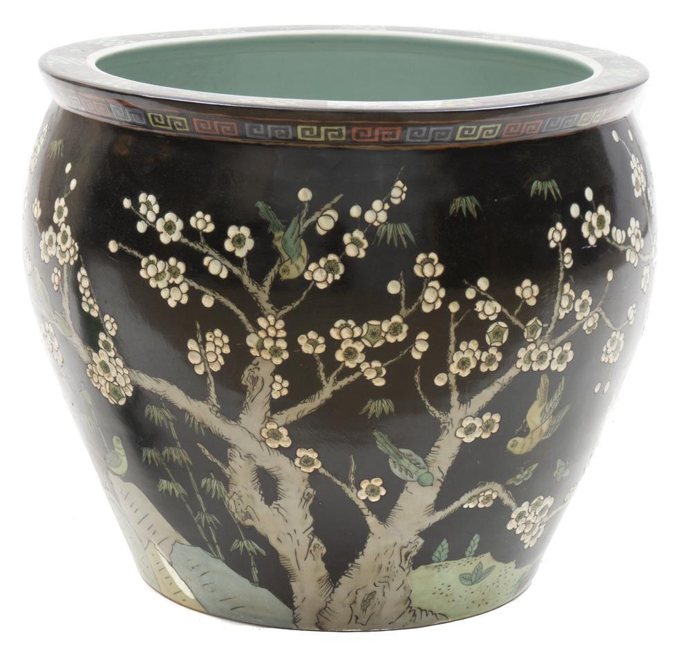 Maitland-Smith, Porcelain Koi Pot: Provenance: An Olmos Park, TX Estate Maitland-Smith, porcelain koi pot, hand-painted,, made in Taiwan and Hong-Kong, cherry blossom motif 18.5" tall x 16.5" diameter