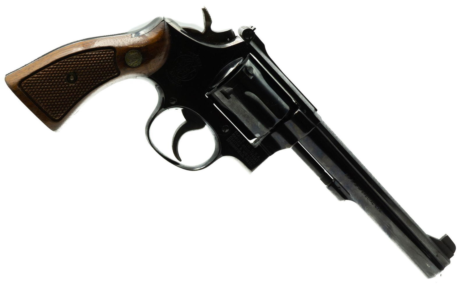 Smith & Wesson Model 14-3 .38 SPL Revolver: Serial: 1K41029 Manufacturer: Smith & Wesson Model: 14-3 Caliber: .38 SPL Barrel length: Condition: Fair Provenance: The Estate of Earl Mayfield (San Antonio, TX) NOTICE: All sales of firearms are sub