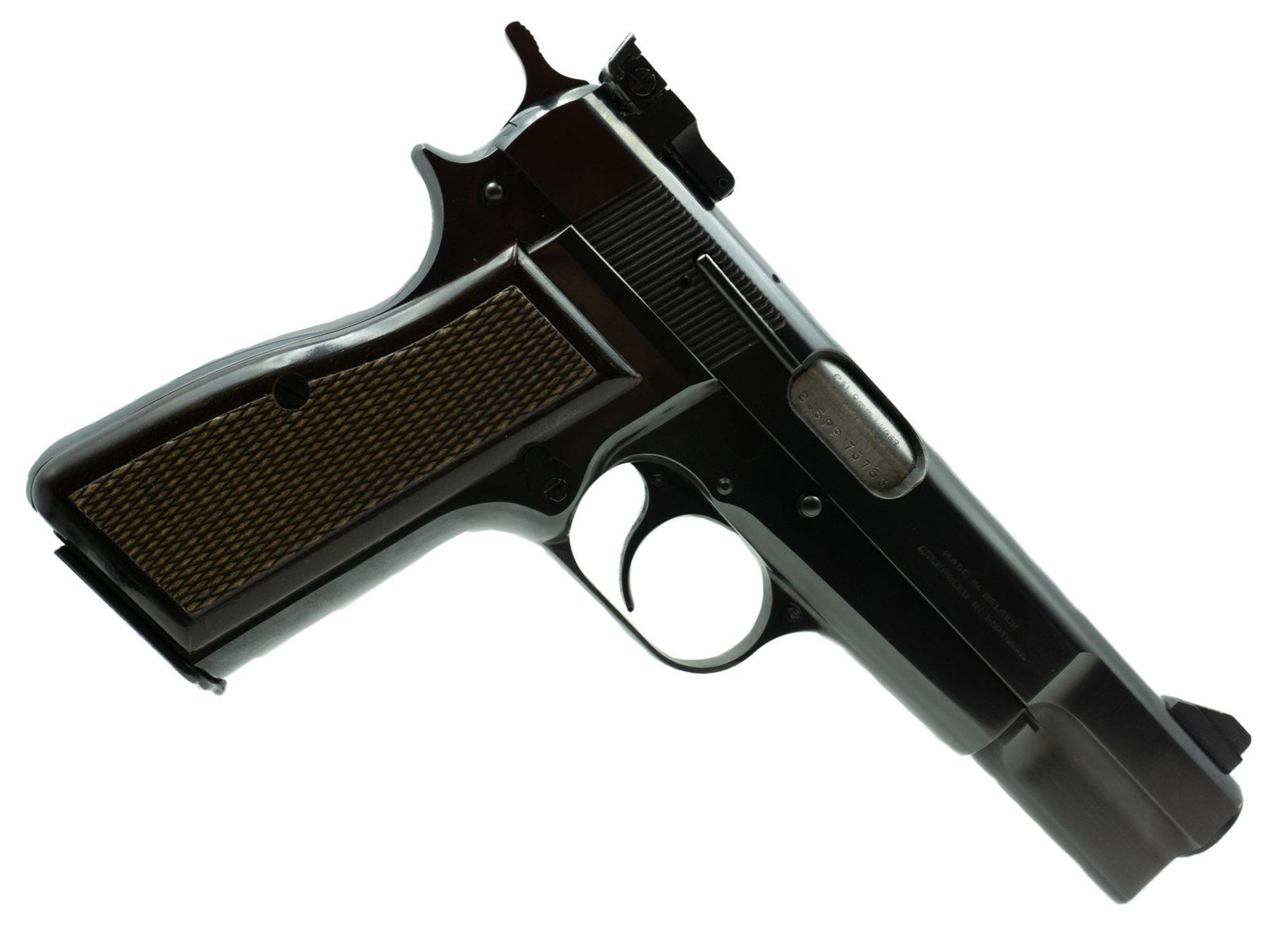Browning Hi-Power 9mm Pistol: Serial: 245PP73763 Manufacturer: Browning Model: Hi-Power Caliber: 9mm Barrel length: Condition: Very Good w/ target sights; 2 extra magazines Provenance: Schertz, TX Estate NOTICE: All sales of