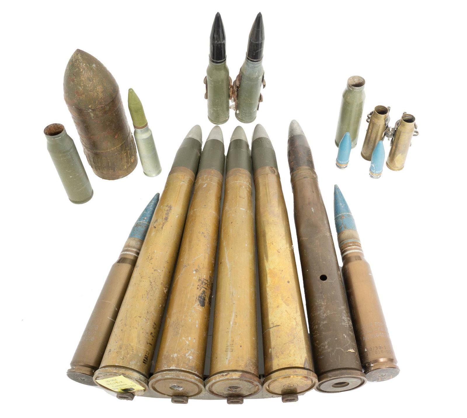 Lot of Inert Military Ordnance Items: w/ 40mm Rounds, 30mm Rounds, 25mm Rounds, Solid Anti-Tank Projectile, etc Provenance: Schertz, TX Estate In-house nationwide shipping and statewide (Texas) delivery is available on this item. Please e