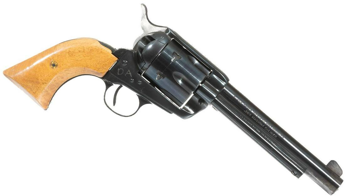 Hawes Sauer Western Six Shooter .357 Magnum Revolver: Serial: B4622 Manufacturer: Hawes J.P. Sauer Model: Western Six Shooter Caliber: .357 magnum Barrel length: 6" Condition: Fair; Etched Initals on Frame Provenance: The Estate of Dr. Thomas Romo, Jr. (