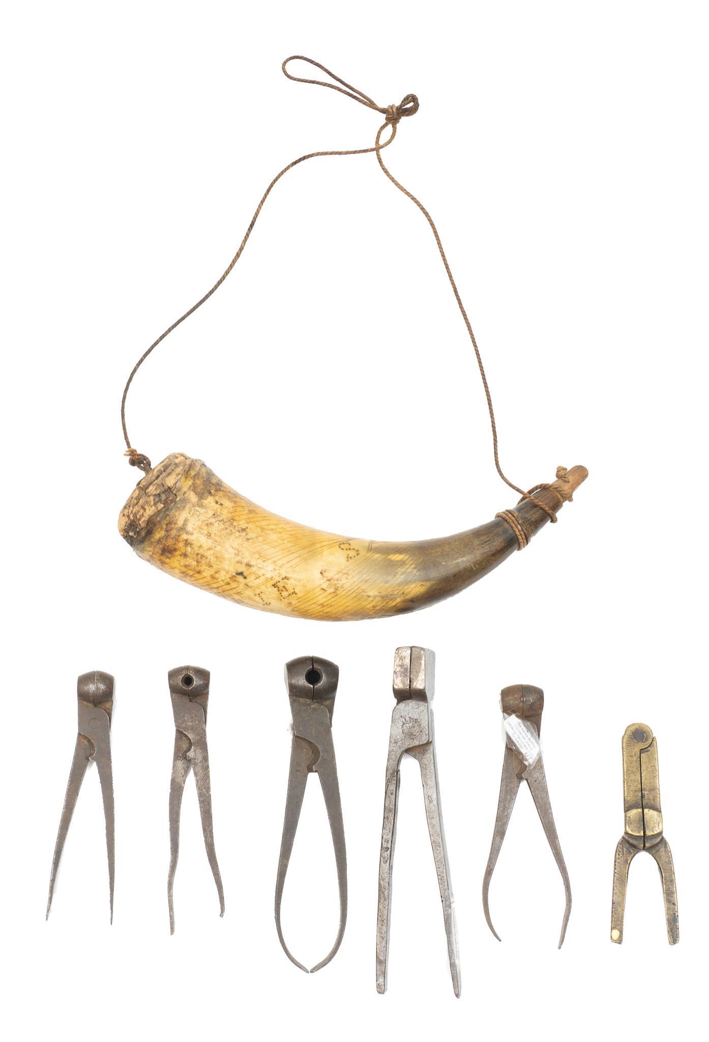 Old Powder Horn and 5 Antique Bullet Molds: Provenance: Schertz, TX Estate In-house nationwide shipping and statewide (Texas) delivery is available on this item. Please email shipping@vogtauction.com or call 210-822-6155 for a quote.