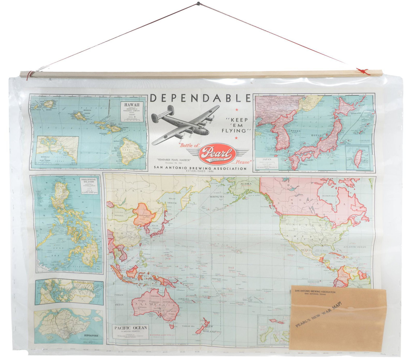c 1942 Pearl Beer 2-sided World Map: 28 x 36", w/original San Antonio Brewers Association envelope Provenance: San Antonio, TX Estate In-house nationwide shipping and statewide (Texas) delivery is available on this item. Please email shi