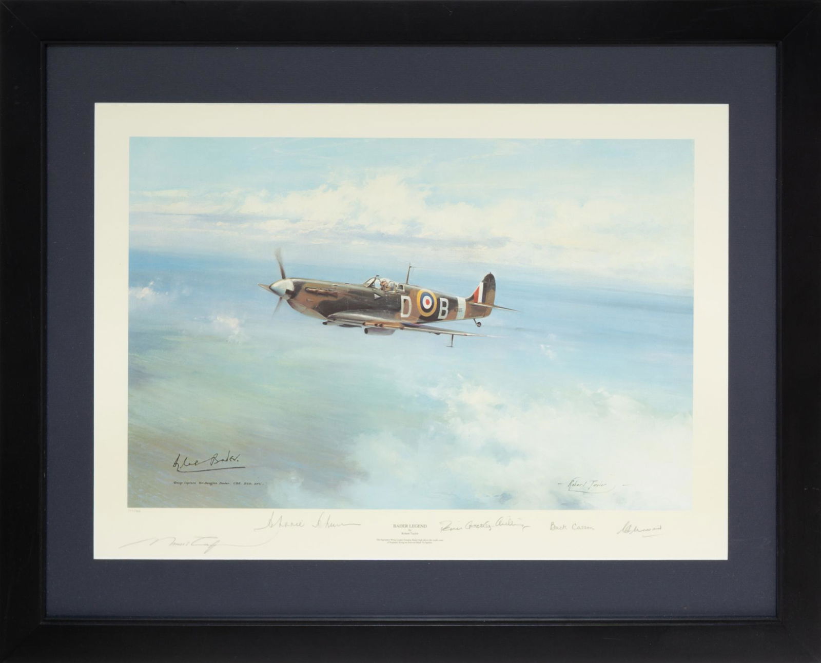 Print, Bader Legend by Robert Taylor: No. 122 of 900; approx. 18” x 24”; Signed by Robert Taylor, â€œBuck” Casson, Ace Sir Dennis Crowley-Milling, Allied Ace-of-Aces Johnnie Johnson, and Ace George Unwin; matted & fr