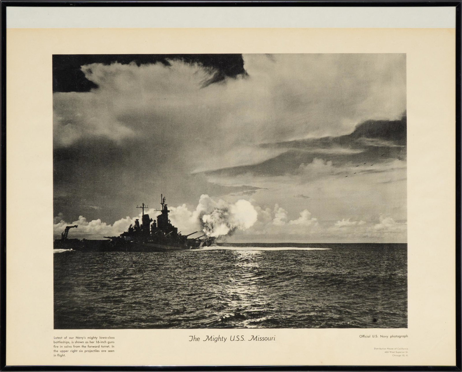 Original WWII The Mighty USS Missouri Photo: U.S. Navy, 15 x 20 Provenance: Schertz, TX Estate In-house nationwide shipping and statewide (Texas) delivery is available on this item. Please email shipping@vogtauction.com or call 210-822-6155