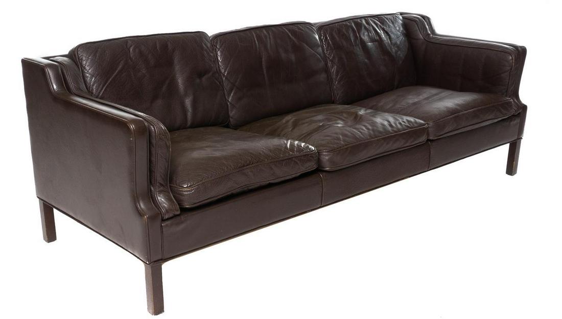 Mid-Century Leather Sofa: Mid-Century leather sofa, 3-seat, wooden legs 29.5" tall x 86.5" wide x 32" deep State-wide delivery is available for this item. Please email shipping@vogtauction.com or call 210-822-6155 for a quote.