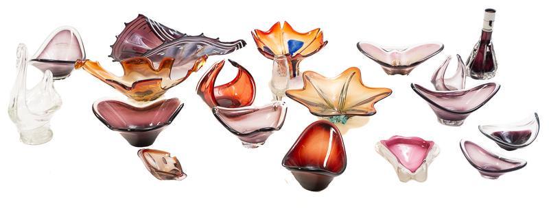 Lot of 20 Danish Mid-Century Holmegaard Glass Decor: Lot of 20 Danish Mid-Century Holmegaard Glass decorative pieces, includes sculptures, bowls and lamps of various sizes and colors 6" tall x 17" wide x 10" deep/ Largest State-wide delivery is availabl