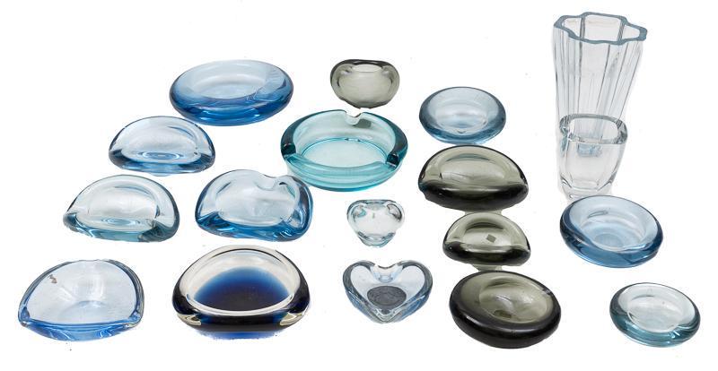 Lot of 18 Danish Mid-Century Holmegaard Glass Decor: Lot of 18 Danish Mid-Century Holmegaard Glass decorative pieces, includes ash trays, bowls and vases in various sizes and colors 7" tall x 5" wide x 4" deep/ Largest