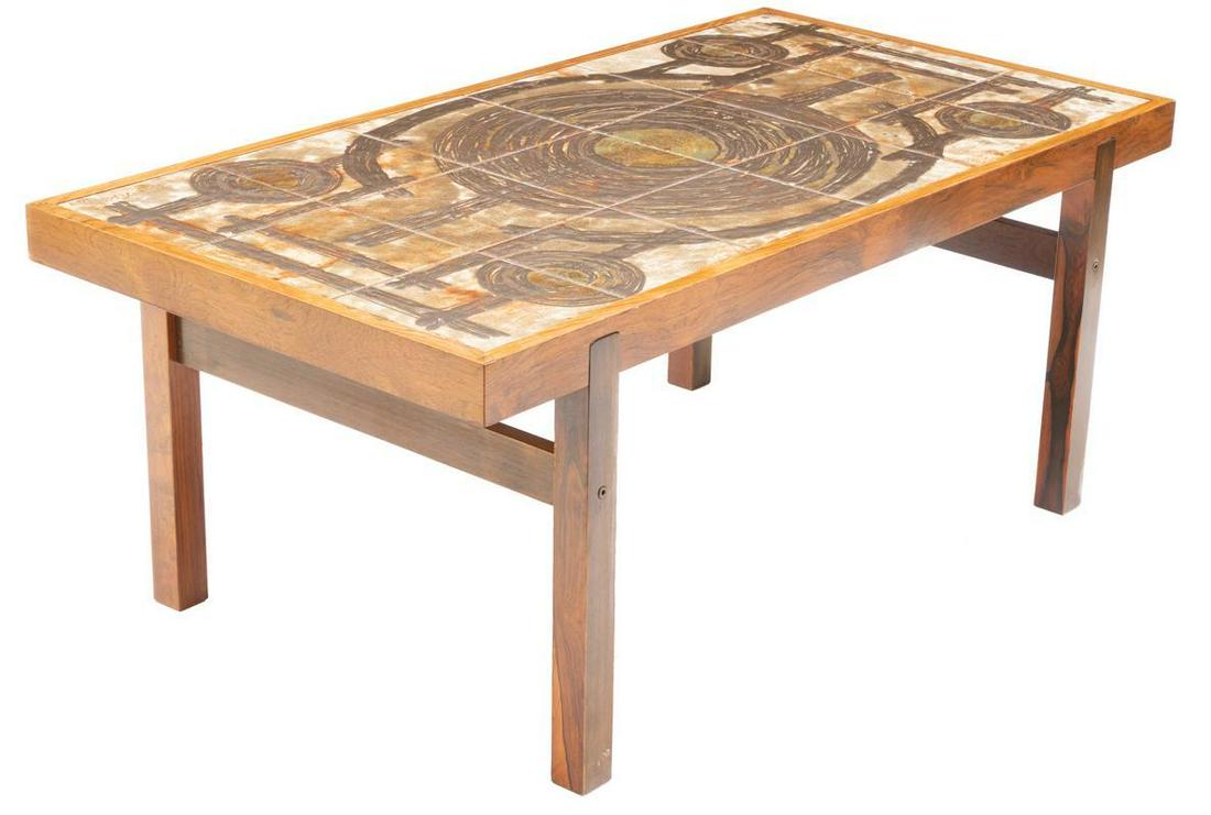 Danish Mid-Century Ox Art, 1973 Tile Top Coffee Table: Danish Mid-Century Ox Art, 1973 tile top coffee table, abstract motif, wooden frame, signed 20.5" tall x 50" wide x 26" deep State-wide delivery is available for this item. Please email shipping@vogta