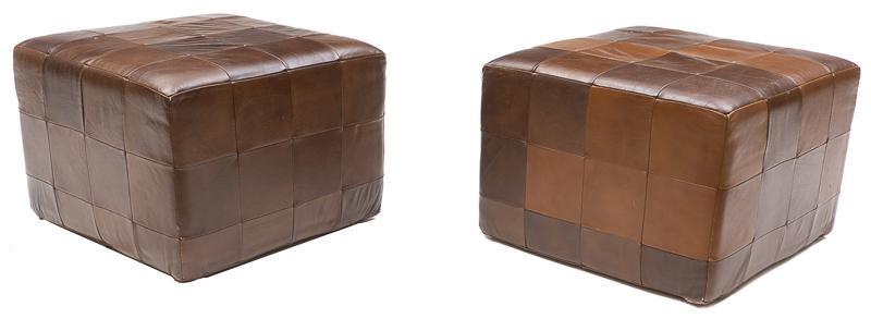 Pair of Danish Mid-Century Pouf Ottomans: Pair of Danish Mid-Century pouf ottomans, cube, heavy stitching, leatherette 13" tall x 18" square/ Each State-wide delivery is available for this item. Please email shipping@vogtauction.com or call 2