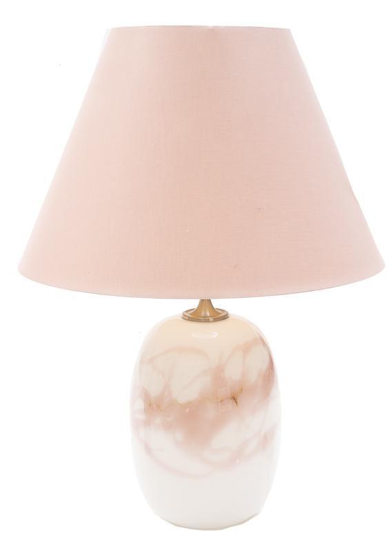 Danish Mid-Century Holmegaard Table Lamp: Danish Mid-Century Holmegaard table lamp, pink and white ceramic, metal hardware, pink shade, wired European, sticker with maker on piece 24" tall x 15" wide x 15" deep State-wide delivery is availabl