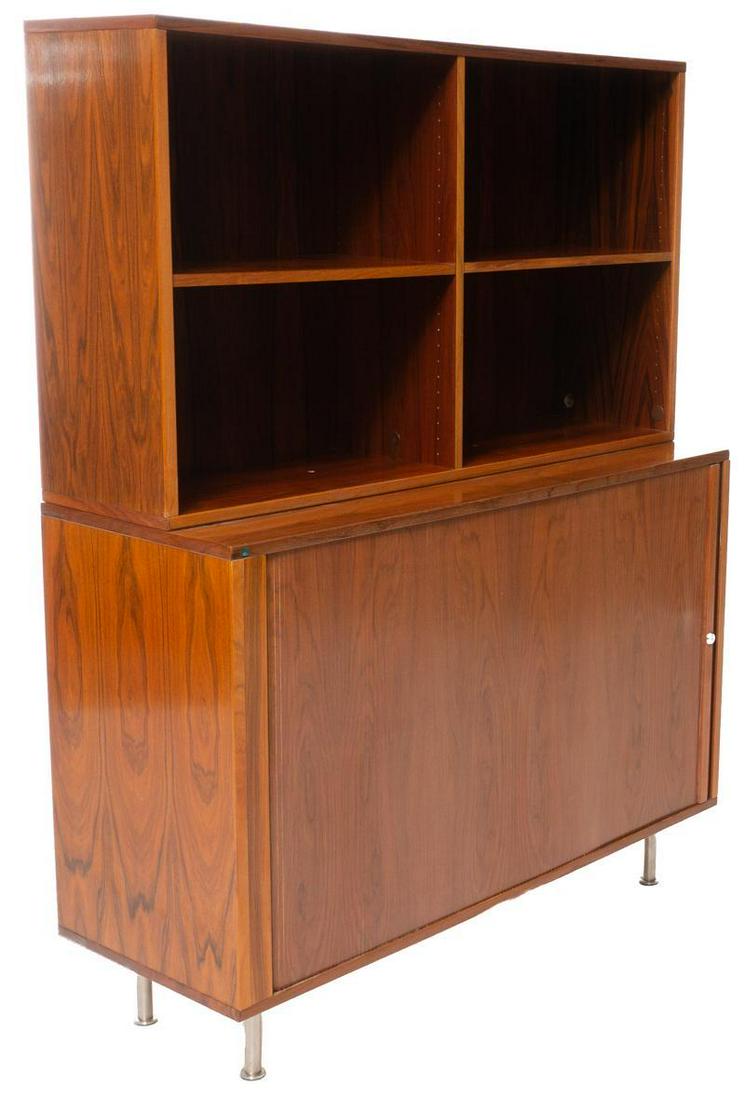 Danish Mid-Century Tambour-Front Bookcase: Danish Mid-Century tambour-front bookcase, 4-open shelves, tambour sliding door open to shelved interior 62" tall x 47.5" wide x 17.5" deep State-wide delivery is available for this item. Please email