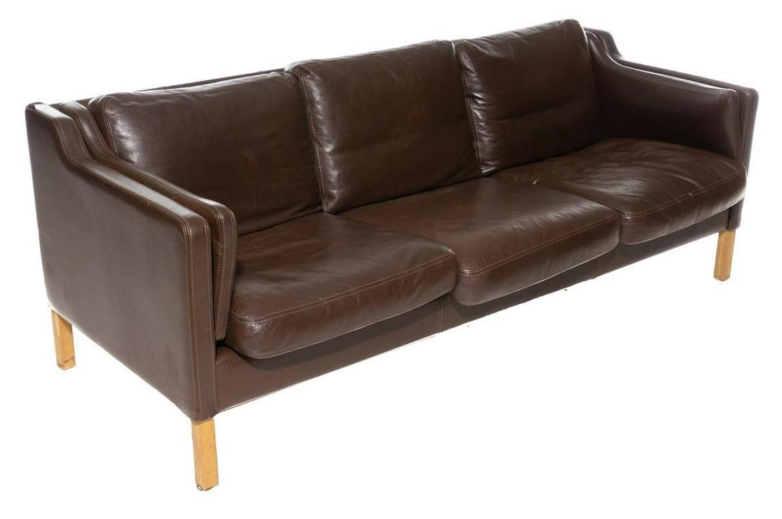 Danish Mid-Century Skalma Leather Sofa: Danish Mid-Century Skalma leather sofa, 3-seat, wooden legs, tag on top right corner seam 29.5" tall x 77" wide x 32" deep State-wide delivery is available for this item. Please email shipping@vogtauc