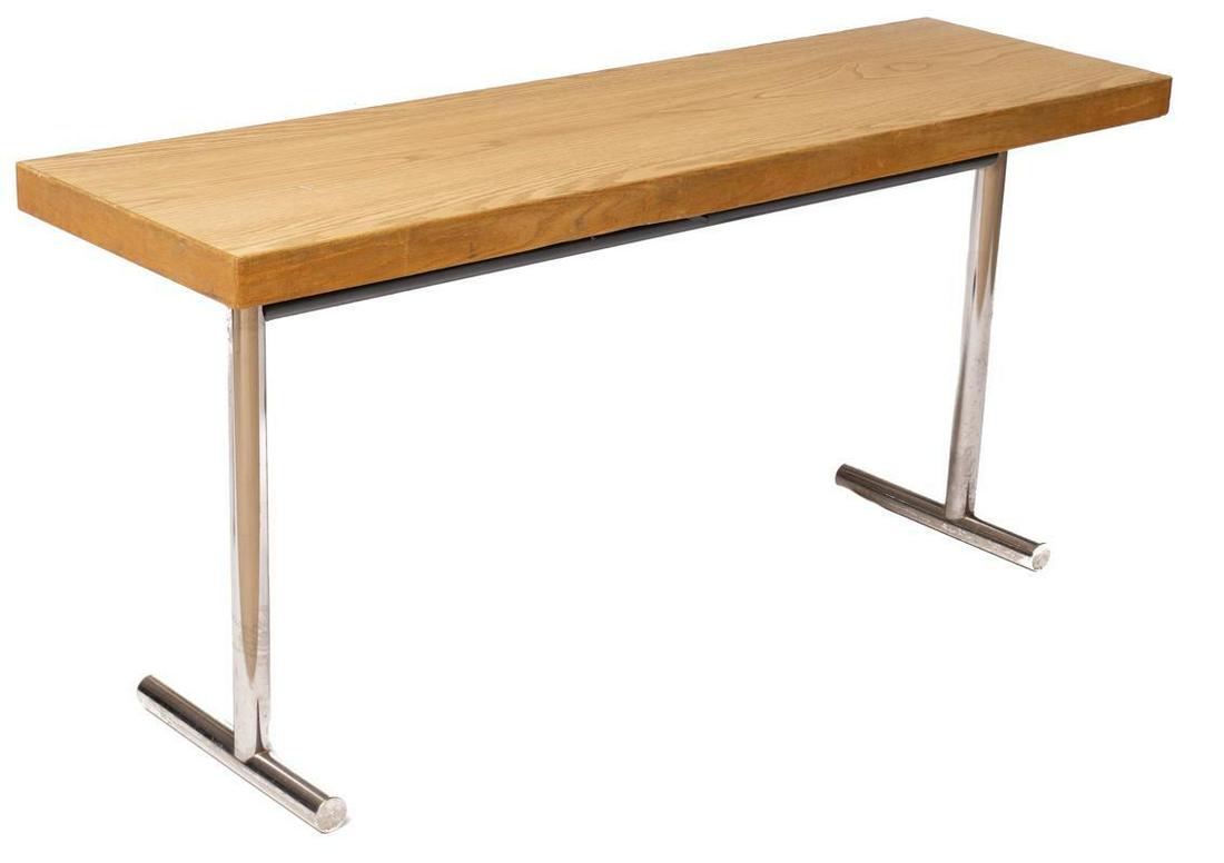 Mid-Century Chrome Folding Table: Provenance: An Olmos Park, TX Estate Mid-Century folding table, chrome accents, veneer accents 28.5" tall x 60" wide x 18" deep State-wide delivery is available for this item. Please email shipping@vo