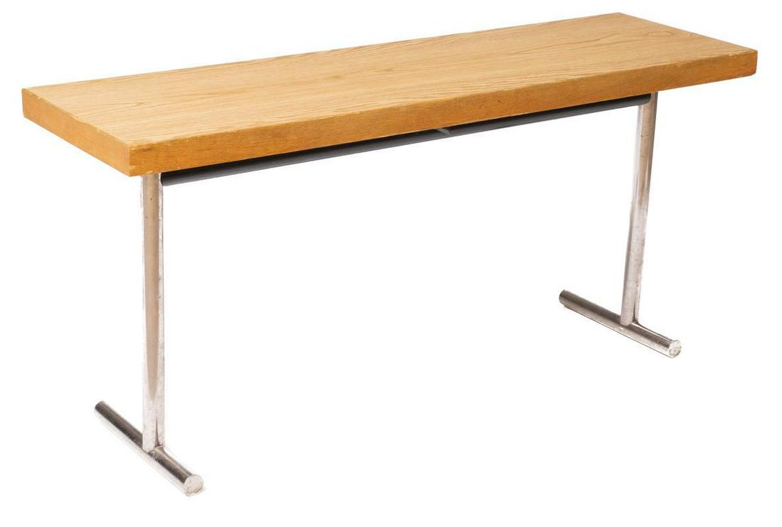 Mid-Century Chrome Folding Table: Provenance: An Olmos Park, TX Estate Mid-Century folding table, chrome accents, veneer accents 28.5" tall x 60" wide x 18" deep State-wide delivery is available for this item. Please email shipping@vo