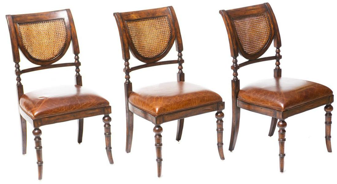 Set of 3 Leather and Rush Back Dining Chairs: Set of 3 leather and rush back dining chairs, wooden frame, turned legs 39" tall x 21" wide x 24" deep/ Each State-wide delivery is available for this item. Please email shipping@vogtauction.com or ca