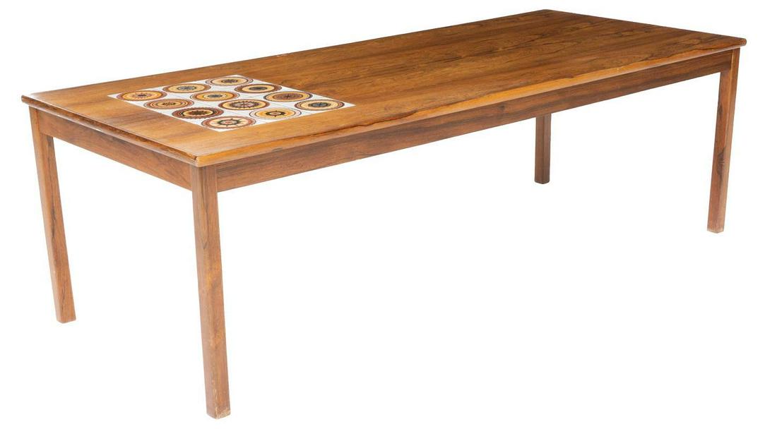 Mid-Century Tile Top Coffee Table: Mid-Century tile top coffee table, abstract motif 20.5" tall x 65" wide x 27" deep State-wide delivery is available for this item. Please email shipping@vogtauction.com or call 210-822-6155 for a quot