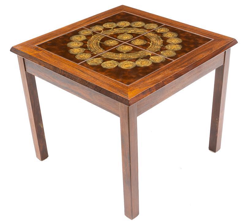 Mid-Century Tile Top Side Table: Mid-Century tile top side table, green abstract motif, wooden frame 18" tall x 20.5" wide x 20.5" deep State-wide delivery is available for this item. Please email shipping@vogtauction.com or call 210
