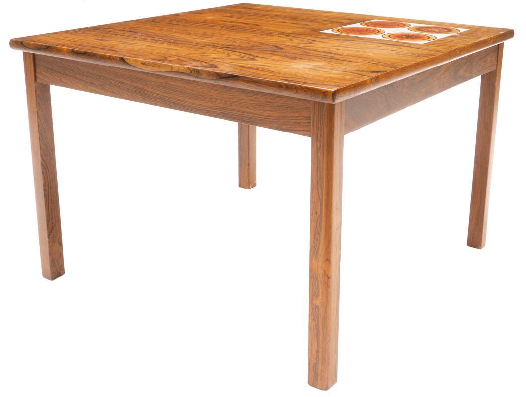 Mid-Century Tile Top Coffee Table: Mid-Century tile top coffee table, formica base, abstract motif 18.5" tall x 27.5" square State-wide delivery is available for this item. Please email shipping@vogtauction.com or call 210-822-6155 for