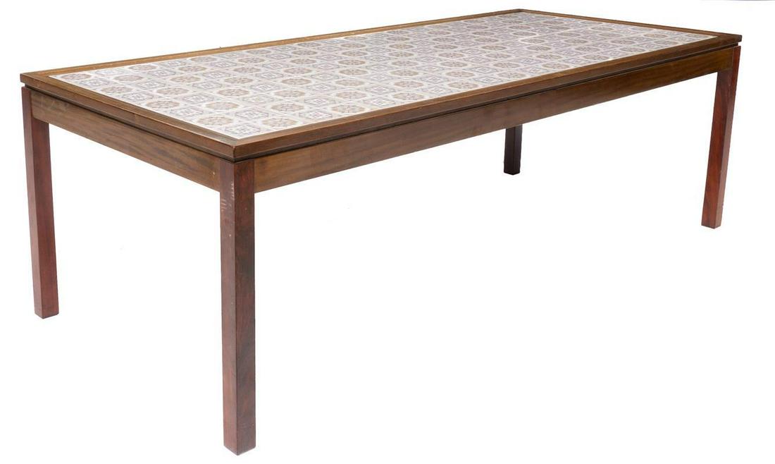 Mid-Century Tile Top Coffee Table: Mid-Century tile top coffee table, white and grey floral motif, wooden frame 20.5" tall x 63" wide x 27" deep State-wide delivery is available for this item. Please email shipping@vogtauction.com or c