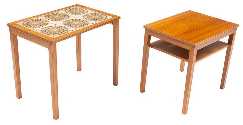 Nest of 2 Danish Mid-Century Teak Tile Top Tables: Nest of 2 Danish Mid-Century teak tile top tables, one table is wooden top, floral motif, straight legs 19" tall x 21.5" wide x 14.5" deep/ Largest State-wide delivery is available for this item. Plea