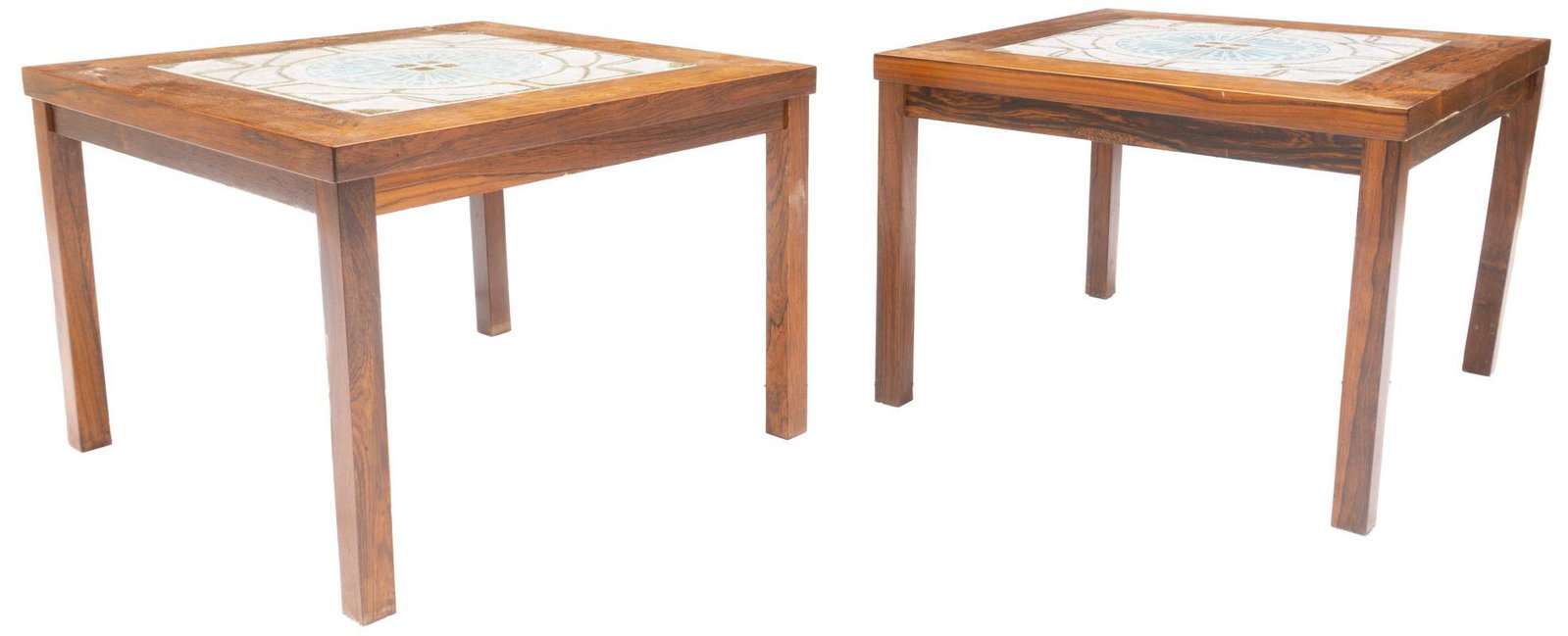Pair of Mid-Century Tile Top Side Tables: Pair of Mid-Century tile top side tables, abstract motif, wooden frame 17" tall x 23" wide x 23" deep/ Each State-wide delivery is available for this item. Please email shipping@vogtauction.com or cal