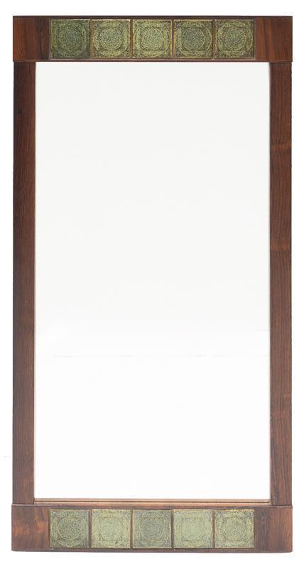 Danish Mid-Century Wall Hanging Mirror, Mosaic: Danish Mid-Century wall hanging mirror with tile accents, stamped Made in Denmark on back, wooden frame 41" tall x 21" wide State-wide delivery is available for this item. Please email shipping@vogtau