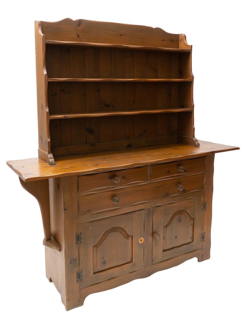 Rare and Exceptional W.R. Dallas Stepback Cupboard: Rare and exceptional W.R. Dallas (San Antonio, TX) stepback cupboard, 4-drawers, 2-doors open to shelved interior, open shelving, carved 78.5" tall x 72" wide x 21" deep Condition: Missing one drawer