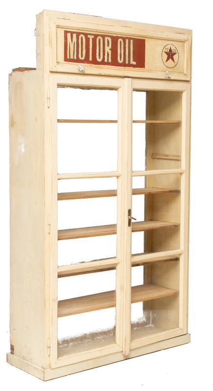 Large Texaco Motor Oil Shop Cabinet: Large Texaco Motor Oil shop cabinet, 2-glazed doors open to shelved interior, hand painted, off white, glass back 101.5" tall x 58.5" wide x 22" deep State-wide delivery is available for this item. Pl
