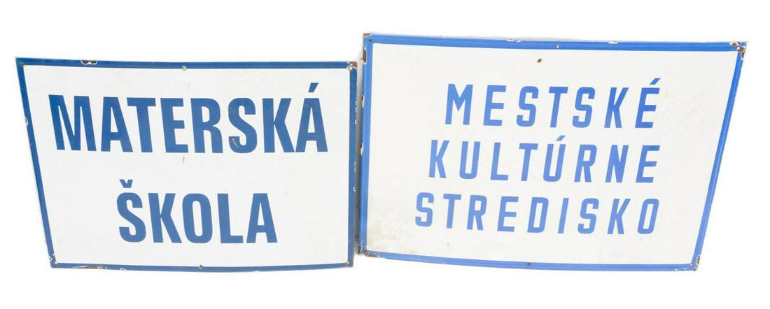 Pair of Enamel on Metal Signs: Pair of enamel on metal signs, Czech wording, blue and white 22" tall x 31.5" wide/ Largest State-wide delivery is available for this item. Please email shipping@vogtauction.com or call 210-822-6155 f