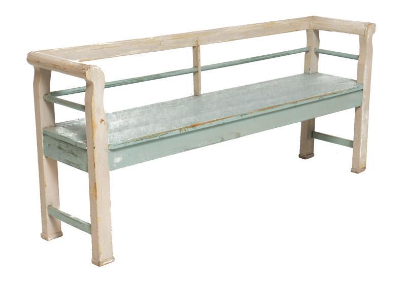 Rustic Painted Wooden Hallway Bench: Rustic painted wooden hallway bench, blue and white 30.5" tall x 67.5" wide x 16" deep State-wide delivery is available for this item. Please email shipping@vogtauction.com or call 210-822-6155 for a