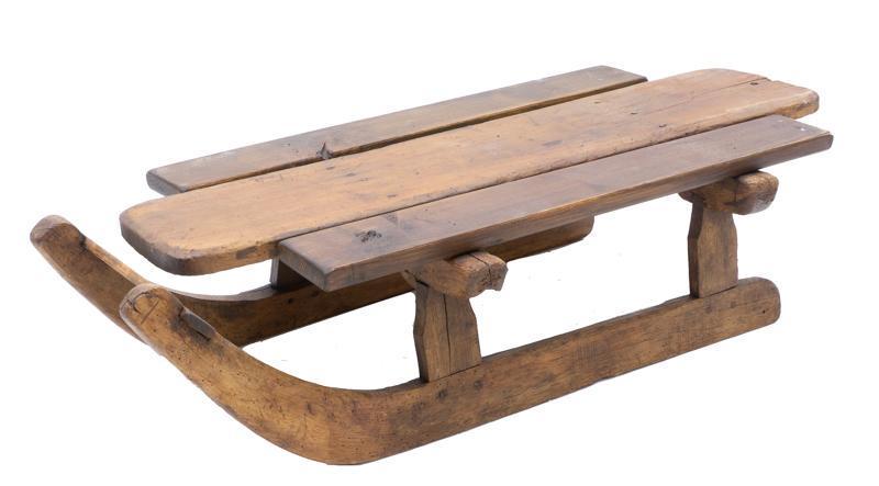 Vintage Wooden Sled: Vintage wooden sled, metal hardware 9" tall x 38" wide x 15" deep State-wide delivery is available for this item. Please email shipping@vogtauction.com or call 210-822-6155 for a quote. IN-HOUSE SHIPP